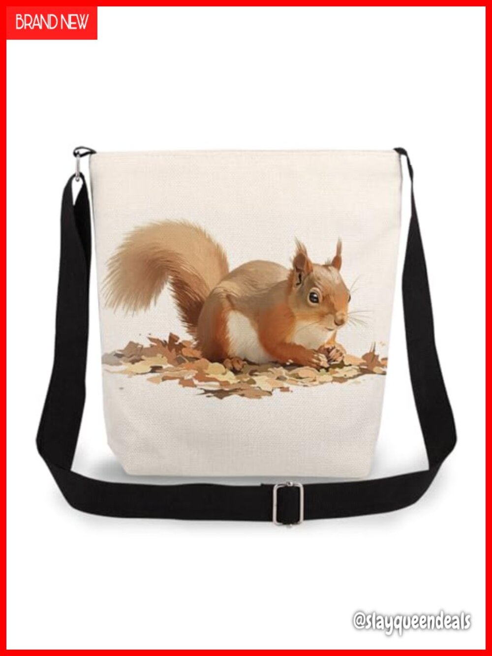 Squirrel Print Crossbody Bag Adjustable Strap Polyester Zip